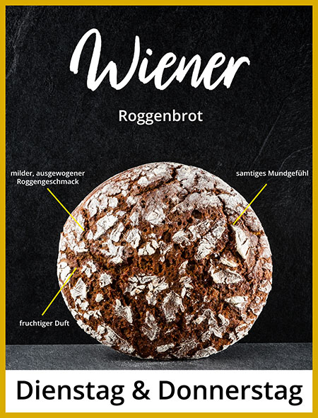 Hier sehen Sie unseren Wiener, ein Roggenbrot. Fein zu geräuchertem Fisch und hervorragend mit Süßem.